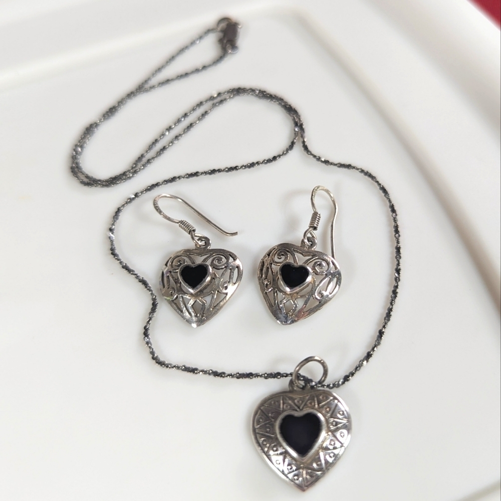 Sterling Silver Onyx Black Heart Necklace And Matching Earrings